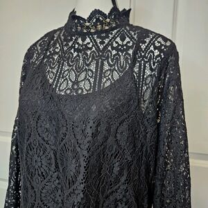 Romantic Black Lace Longsleeve Top Large Black Flared Sleeve High Neck Gothic